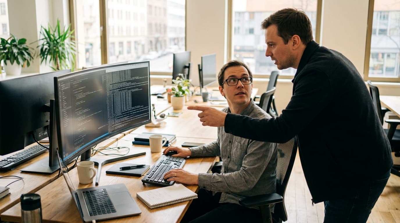 Two security engineers in an office environment collaborating over a piece of code displayed on a computer monitor.