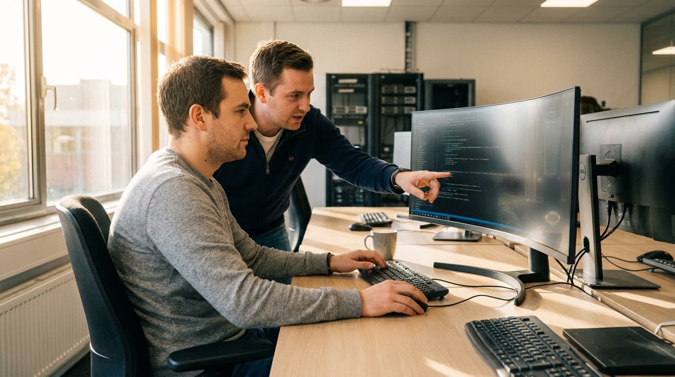 Two security engineers in an office environment collaborating over a piece of code displayed on a computer monitor.