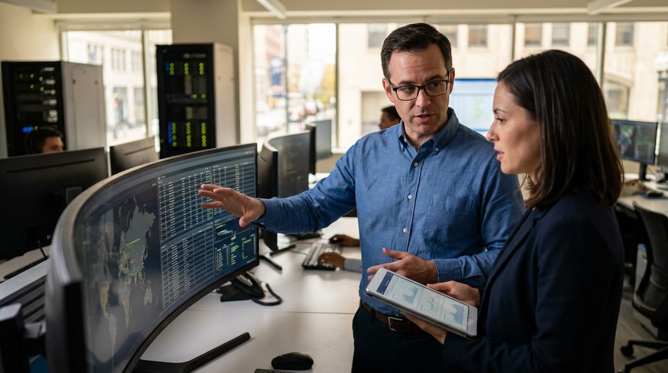 Two security professionals in an operations center analyze data on a large screen, discussing a security alert.