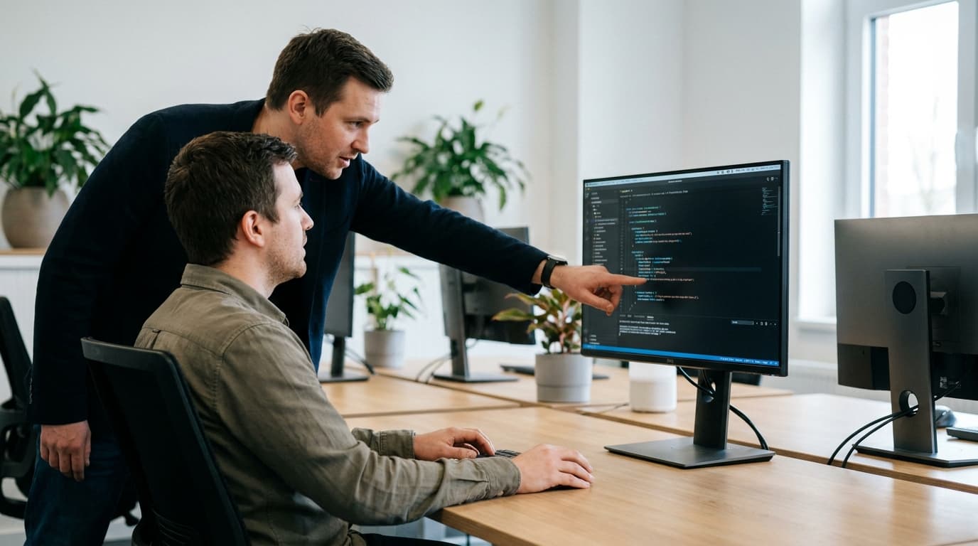 Two security engineers in an office environment collaborating over a piece of code displayed on a computer monitor.
