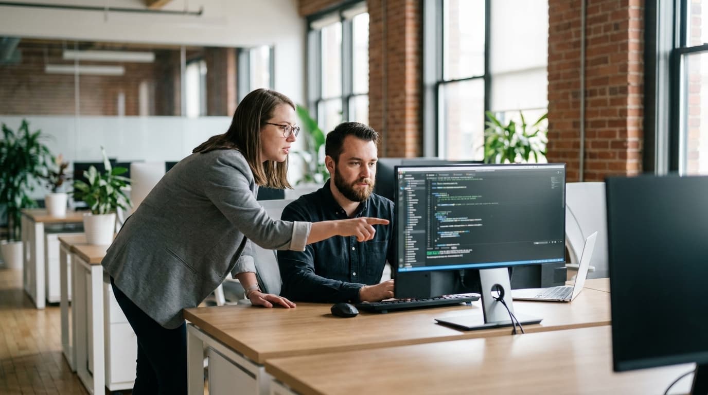 Two security engineers in an office environment collaborating over a piece of code displayed on a computer monitor.