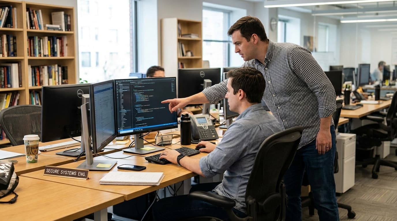 Two security engineers in an office environment collaborating over a piece of code displayed on a computer monitor.