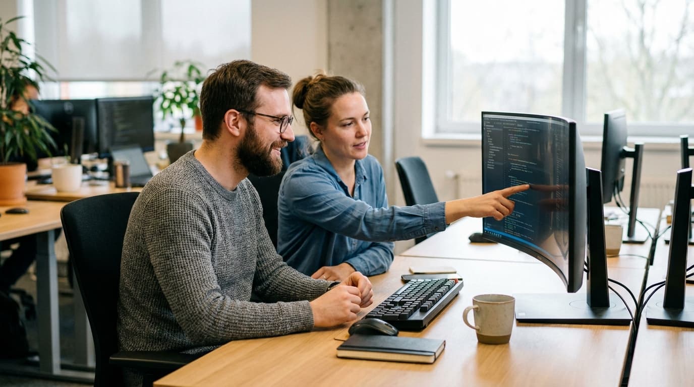Two security engineers in an office environment collaborating over a piece of code displayed on a computer monitor.
