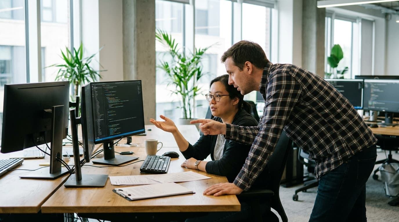 Two security engineers in an office environment collaborating over a piece of code displayed on a computer monitor.