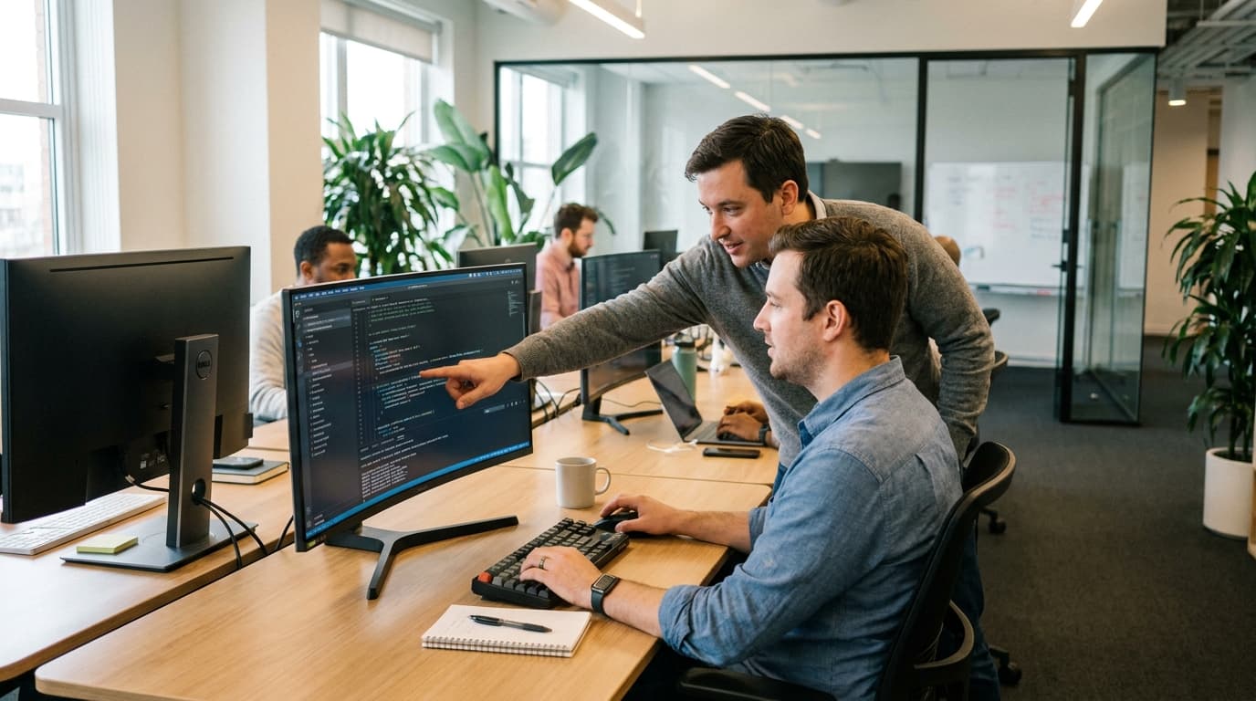 Two security engineers in an office environment collaborating over a piece of code displayed on a computer monitor.