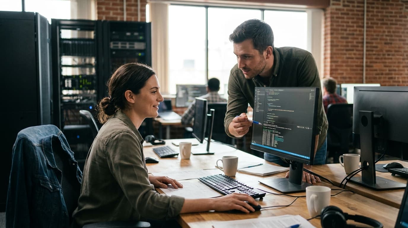 Two security engineers in an office environment collaborating over a piece of code displayed on a computer monitor.