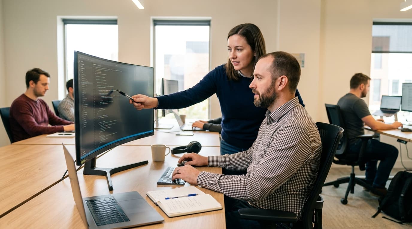 Two security engineers in an office environment collaborating over a piece of code displayed on a computer monitor.