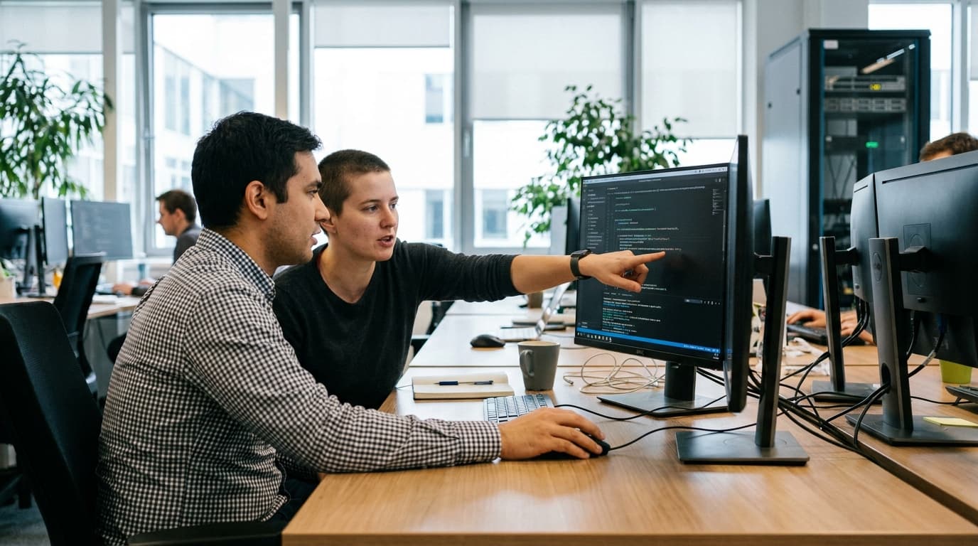 Two security engineers in an office environment collaborating over a piece of code displayed on a computer monitor.