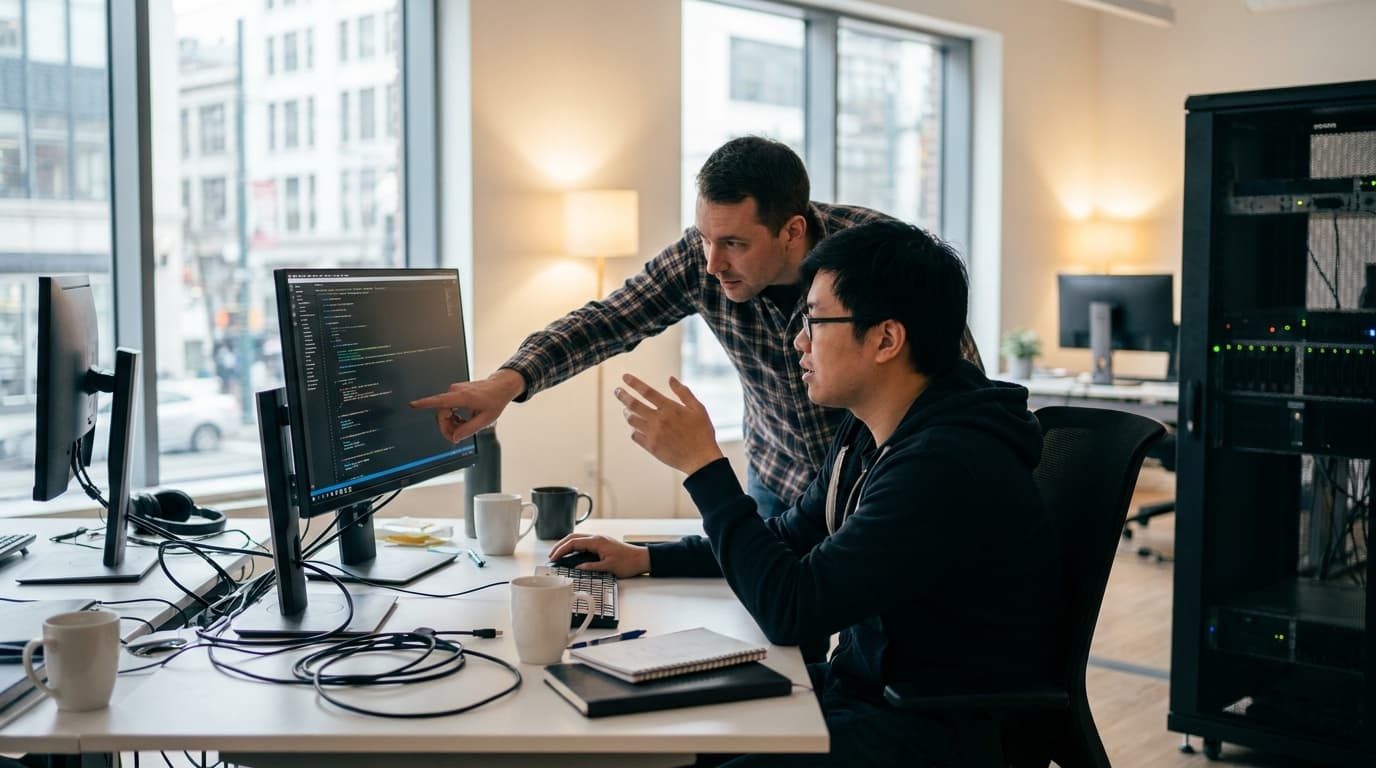 Two security engineers in an office environment collaborating over a piece of code displayed on a computer monitor.