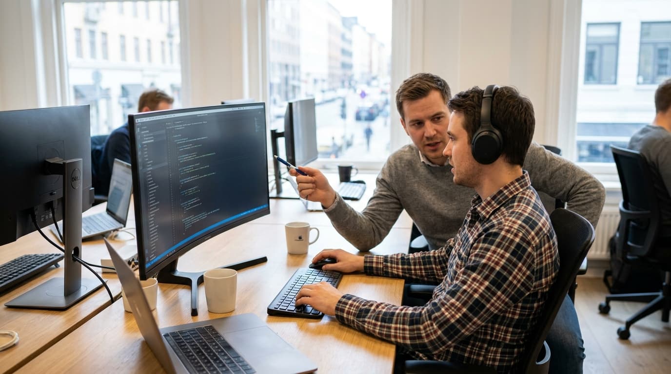 Two security engineers in an office environment collaborating over a piece of code displayed on a computer monitor.