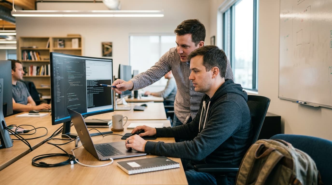 Two security engineers in an office environment collaborating over a piece of code displayed on a computer monitor.