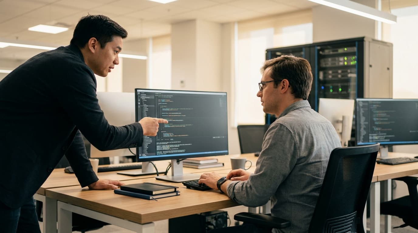 Two security engineers in an office environment collaborating over a piece of code displayed on a computer monitor.