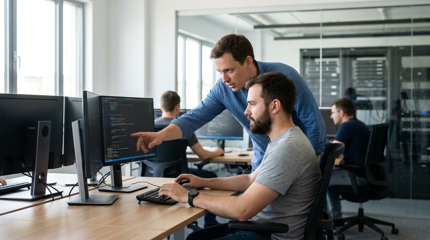 Two security engineers in an office environment collaborating over a piece of code displayed on a computer monitor.