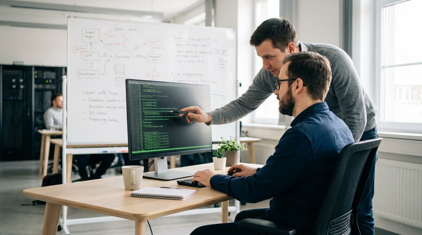 Two security engineers in an office environment collaborating over a piece of code displayed on a computer monitor.
