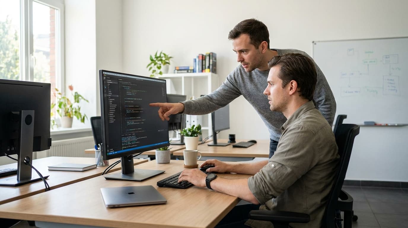Two security engineers in an office environment collaborating over a piece of code displayed on a computer monitor.