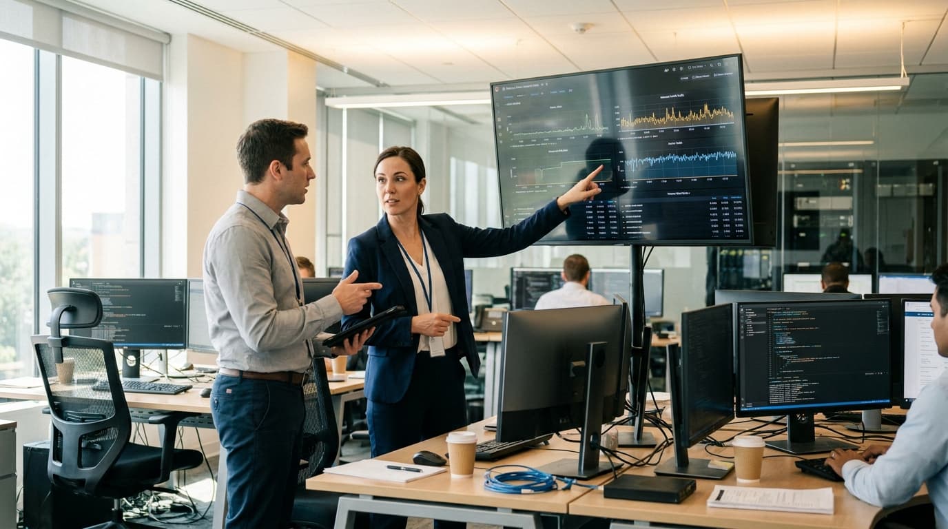Two security professionals in an operations center analyze data on a large screen, discussing a security alert.
