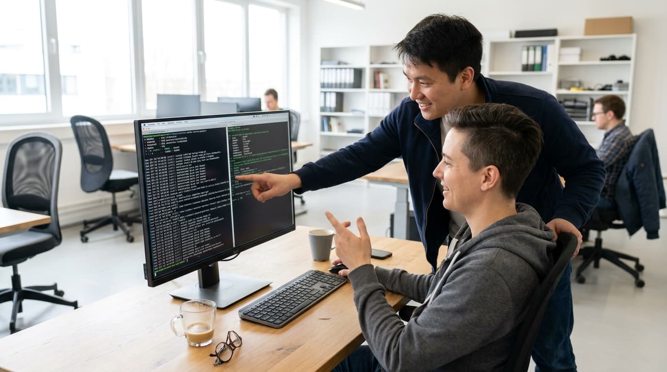 Two security engineers in an office environment collaborating over a piece of code displayed on a computer monitor.