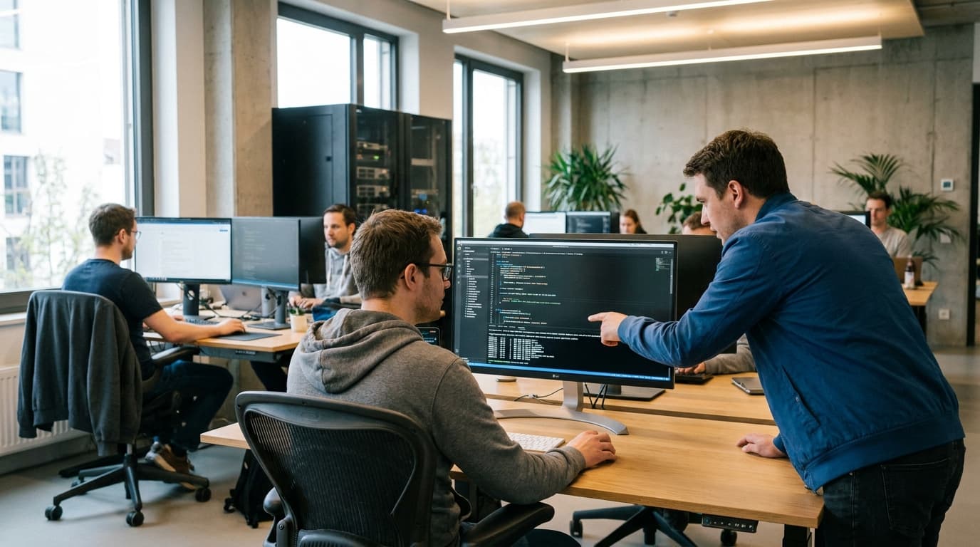 Two security engineers in an office environment collaborating over a piece of code displayed on a computer monitor.