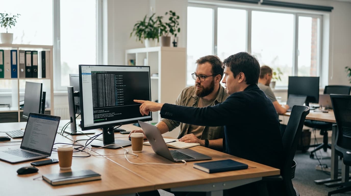Two security engineers in an office environment collaborating over a piece of code displayed on a computer monitor.