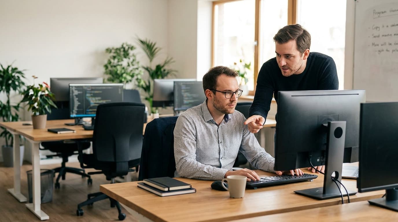 Two security engineers in an office environment collaborating over a piece of code displayed on a computer monitor.