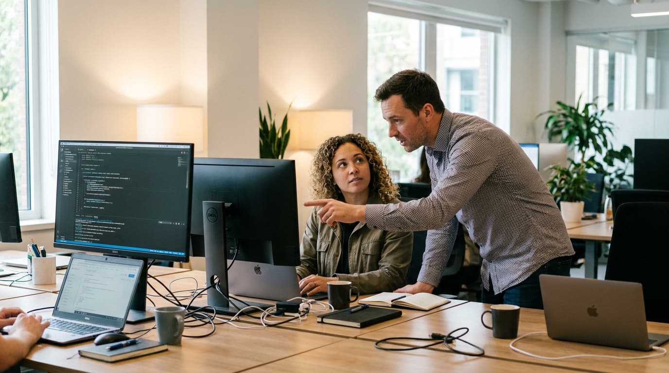 Two security engineers in an office environment collaborating over a piece of code displayed on a computer monitor.