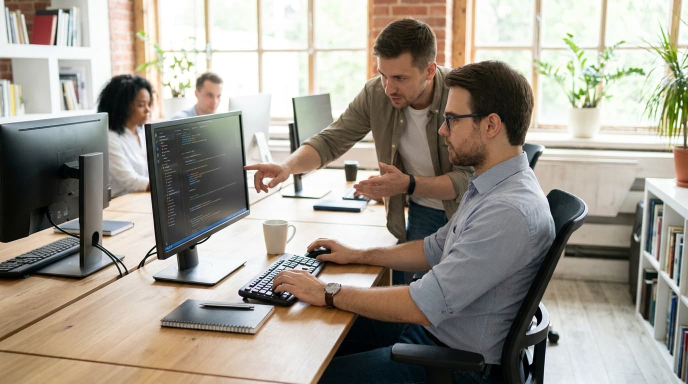 Two security engineers in an office environment collaborating over a piece of code displayed on a computer monitor.