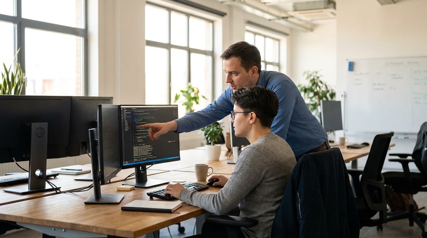 Two security engineers in an office environment collaborating over a piece of code displayed on a computer monitor.