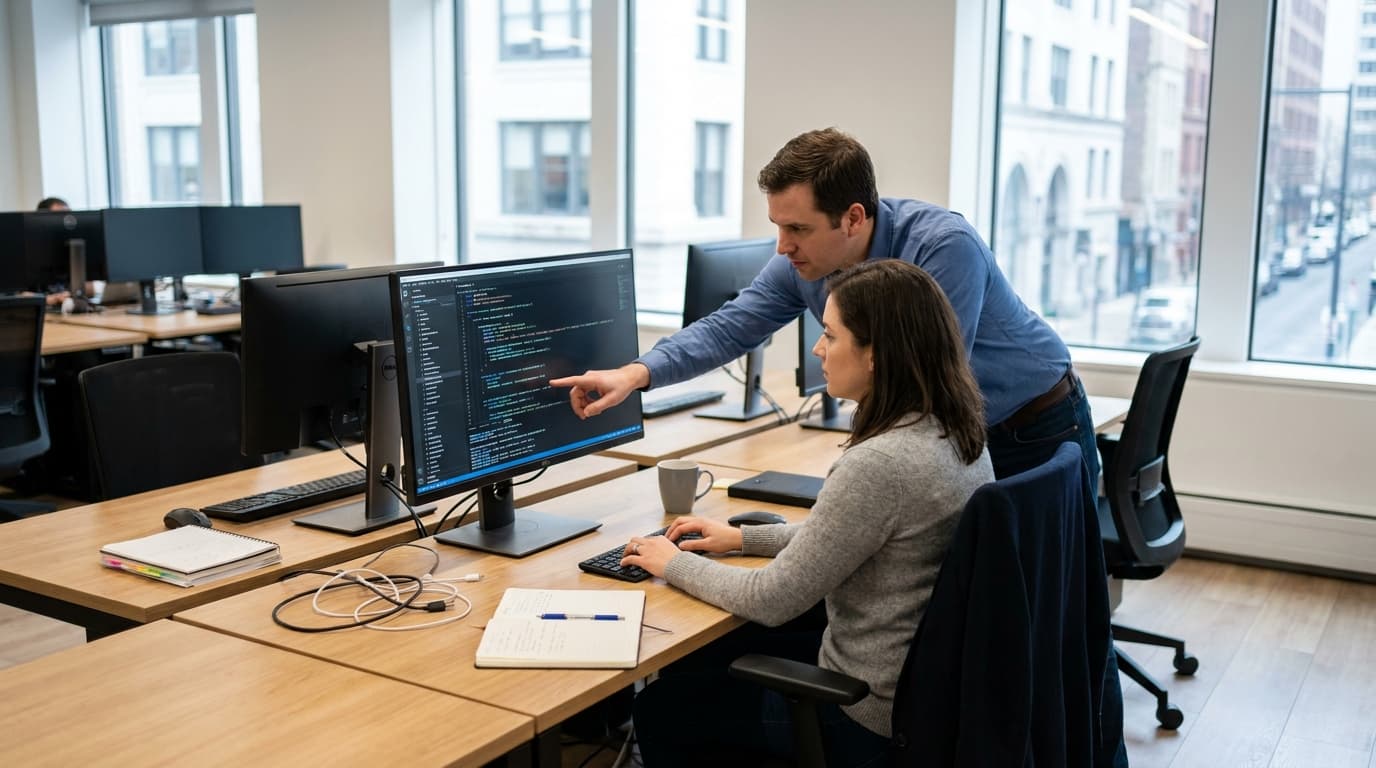 Two security engineers in an office environment collaborating over a piece of code displayed on a computer monitor.