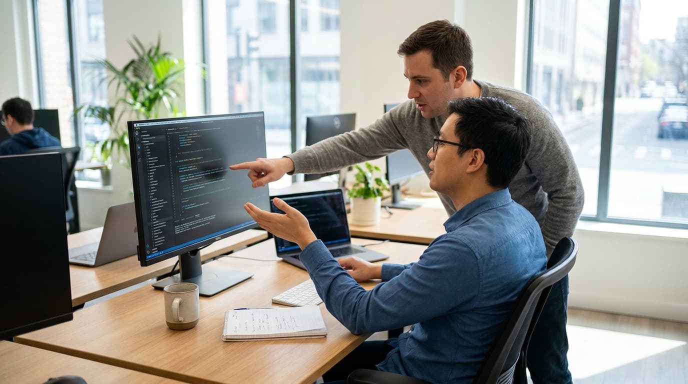 Two security engineers in an office environment collaborating over a piece of code displayed on a computer monitor.