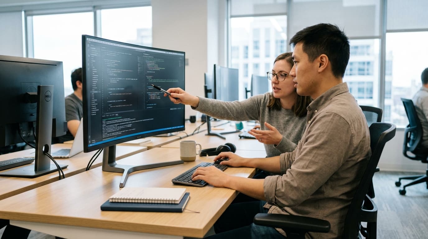 Two security engineers in an office environment collaborating over a piece of code displayed on a computer monitor.