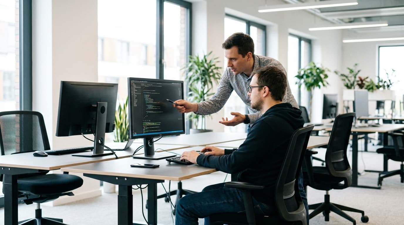 Two security engineers in an office environment collaborating over a piece of code displayed on a computer monitor.