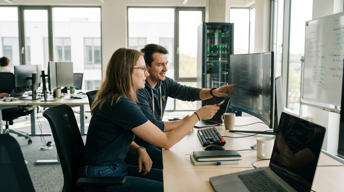 Two security engineers in an office environment collaborating over a piece of code displayed on a computer monitor.