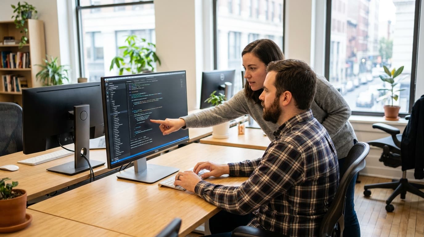 Two security engineers in an office environment collaborating over a piece of code displayed on a computer monitor.