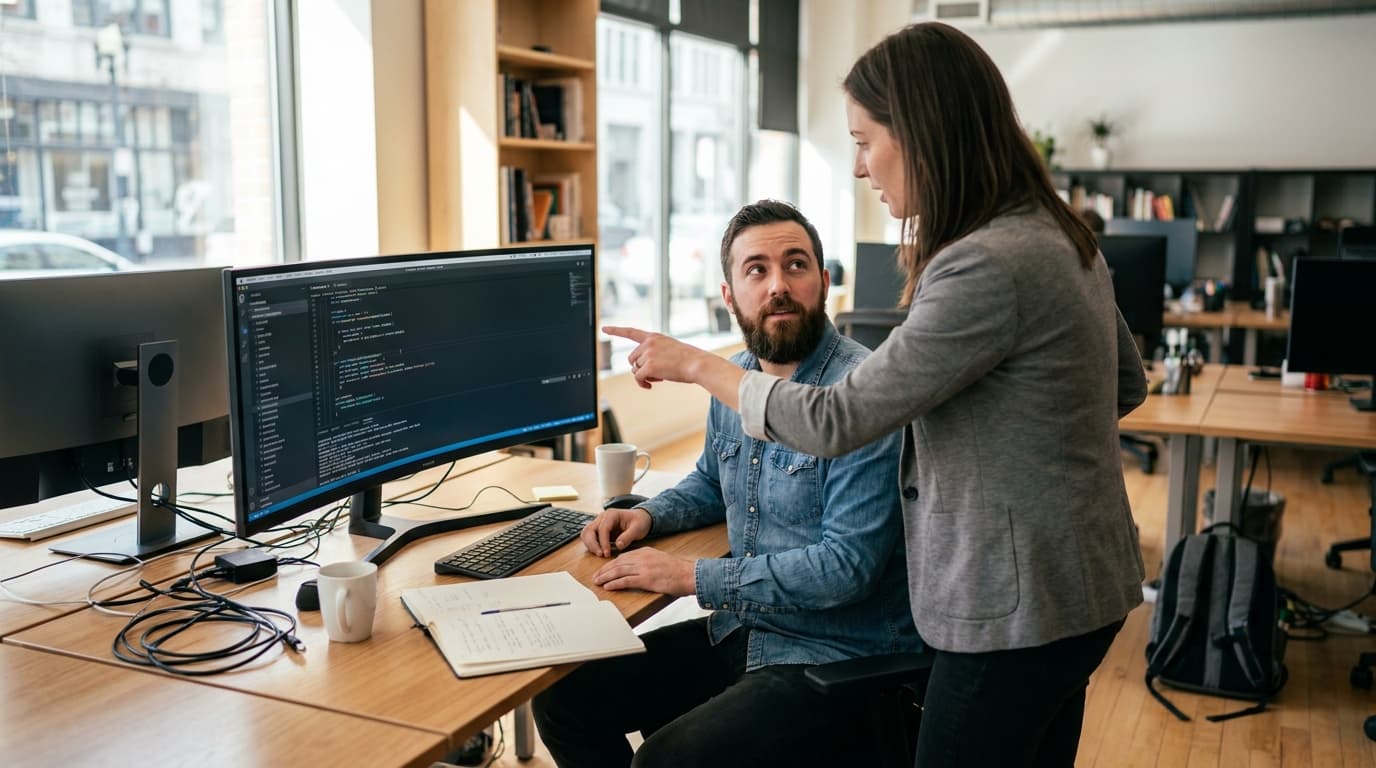 Two security engineers in an office environment collaborating over a piece of code displayed on a computer monitor.