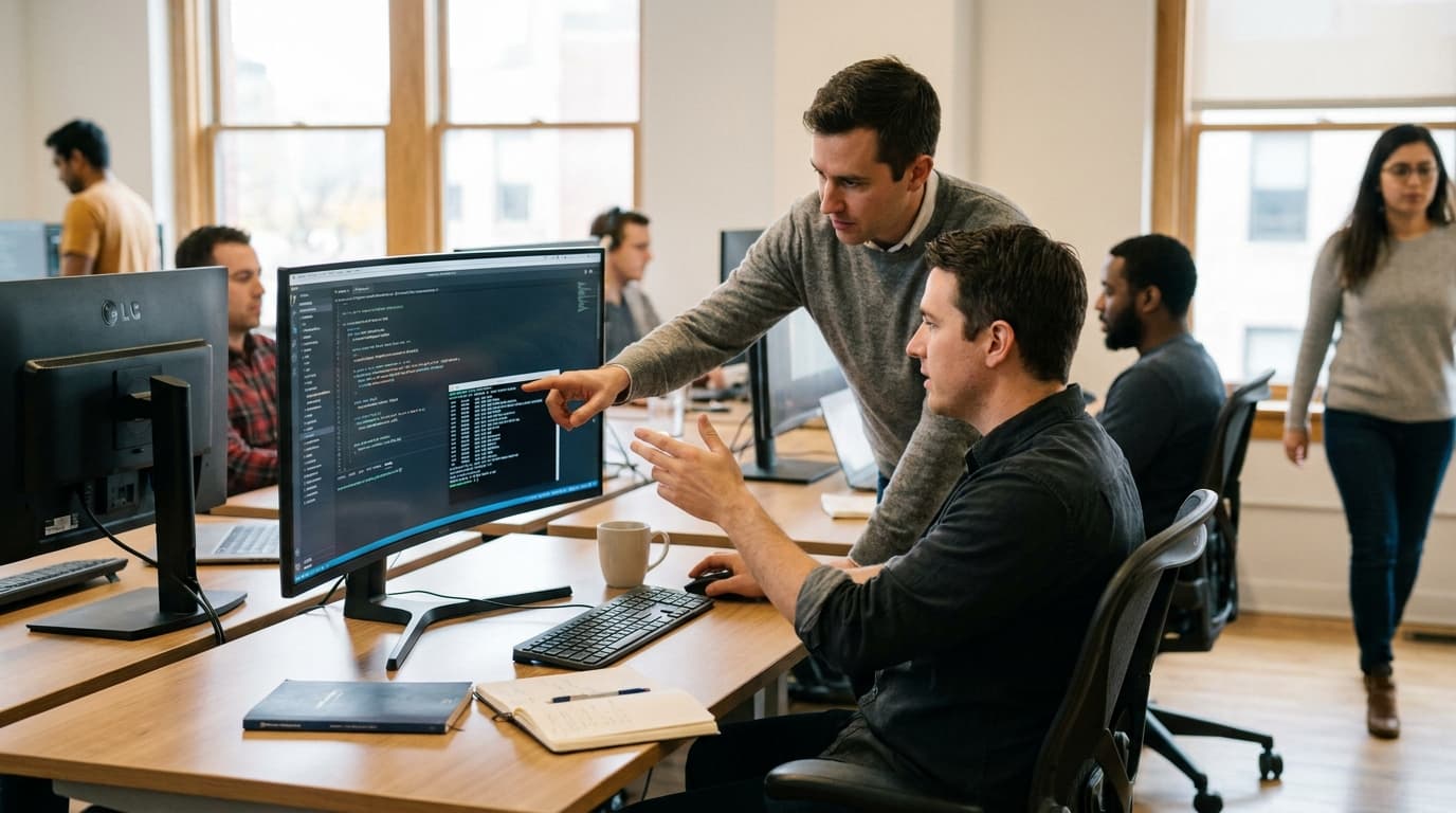 Two security engineers in an office environment collaborating over a piece of code displayed on a computer monitor.