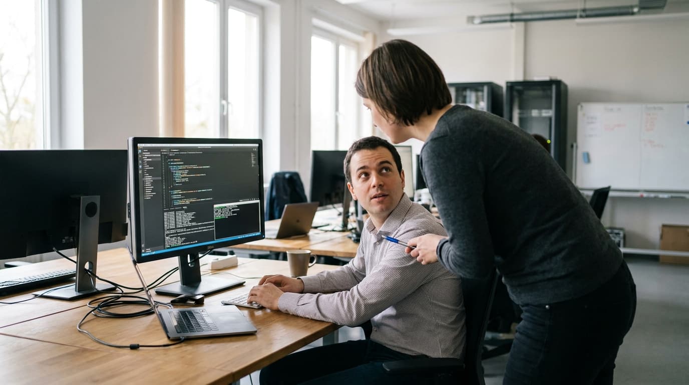 Two security engineers in an office environment collaborating over a piece of code displayed on a computer monitor.