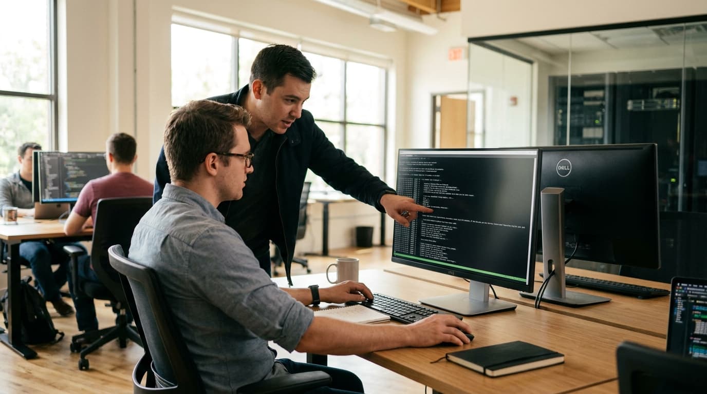 Two security engineers in an office environment collaborating over a piece of code displayed on a computer monitor.