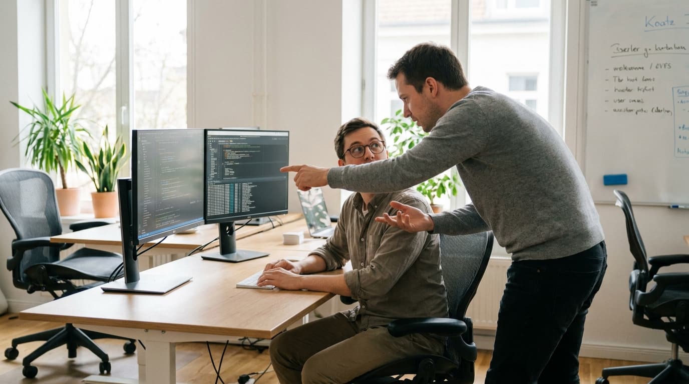 Two security engineers in an office environment collaborating over a piece of code displayed on a computer monitor.