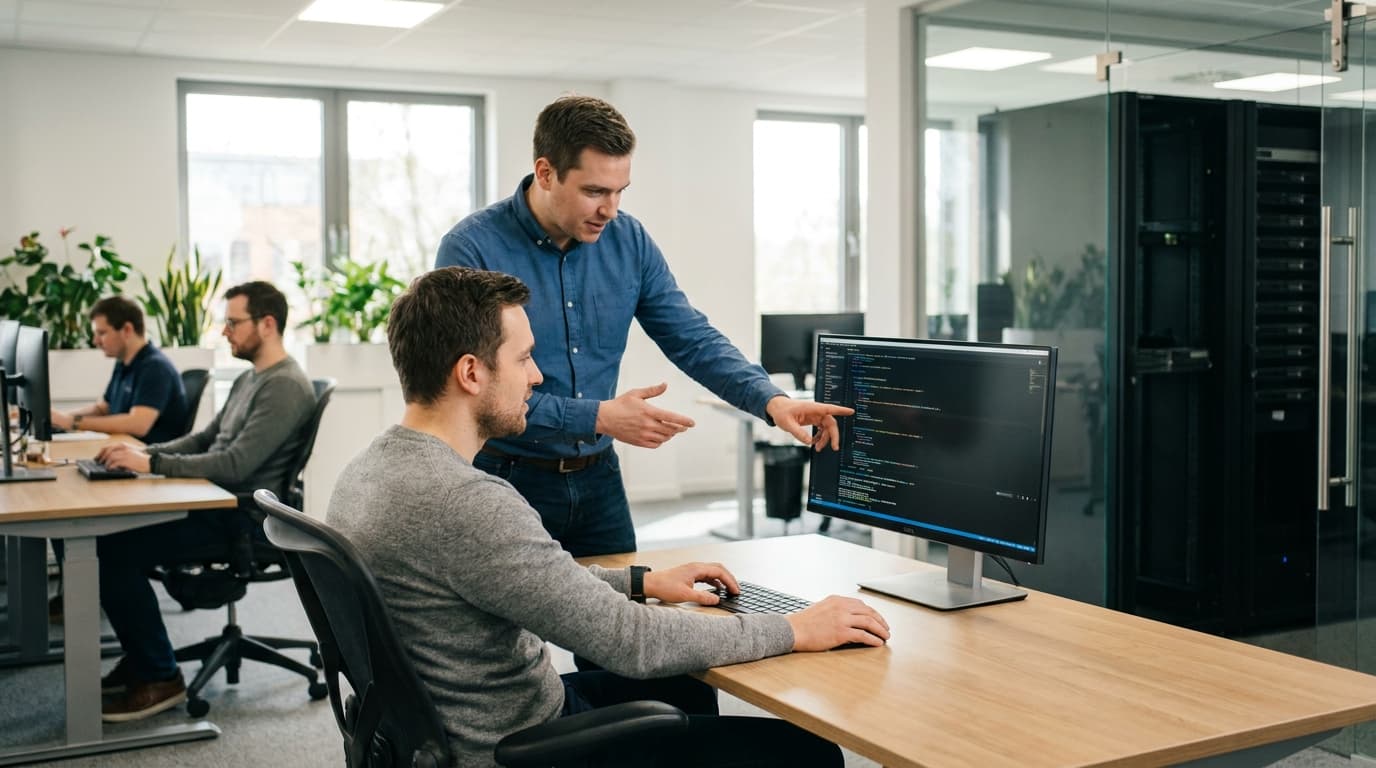 Two security engineers in an office environment collaborating over a piece of code displayed on a computer monitor.