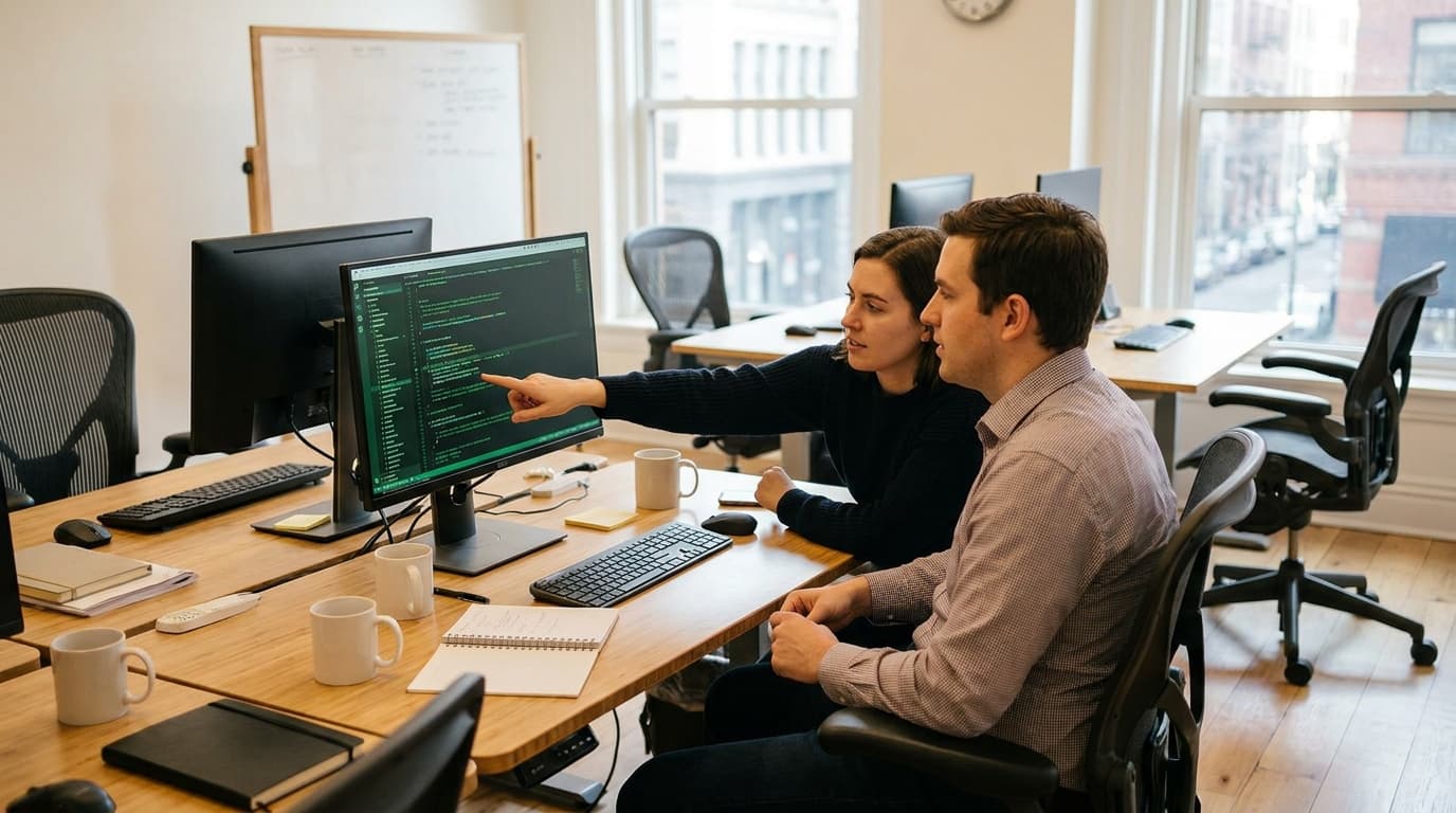 Two security engineers in an office environment collaborating over a piece of code displayed on a computer monitor.