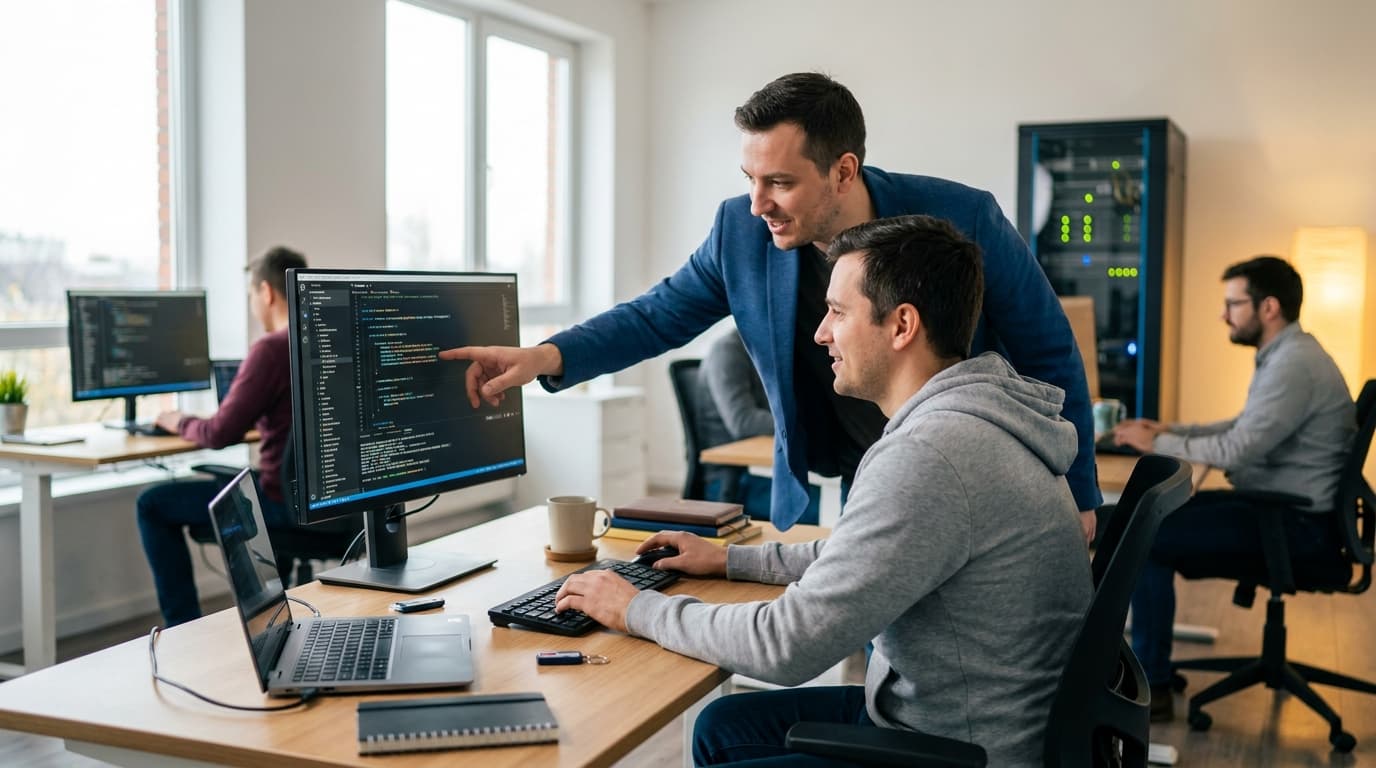 Two security engineers in an office environment collaborating over a piece of code displayed on a computer monitor.