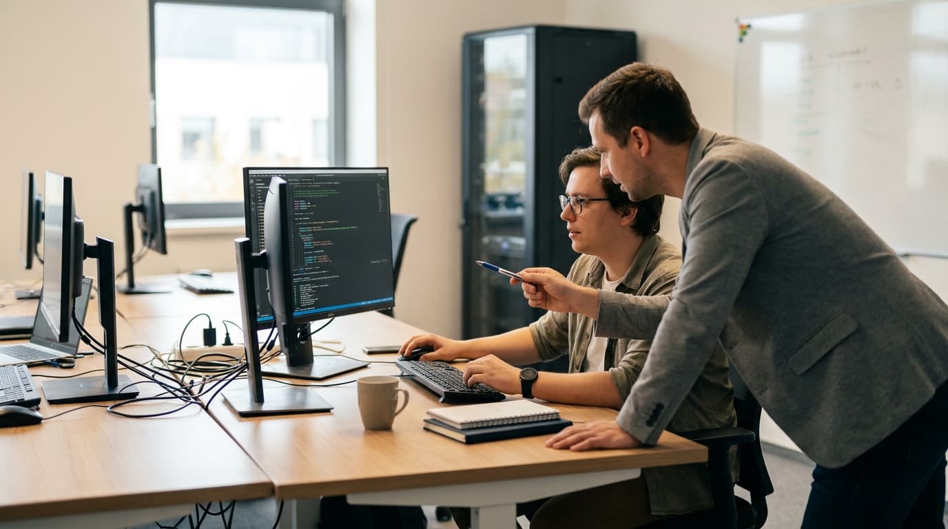 Two security engineers in an office environment collaborating over a piece of code displayed on a computer monitor.