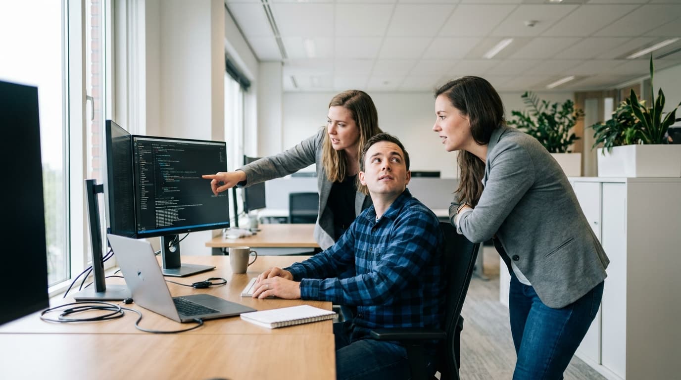 Two security engineers in an office environment collaborating over a piece of code displayed on a computer monitor.