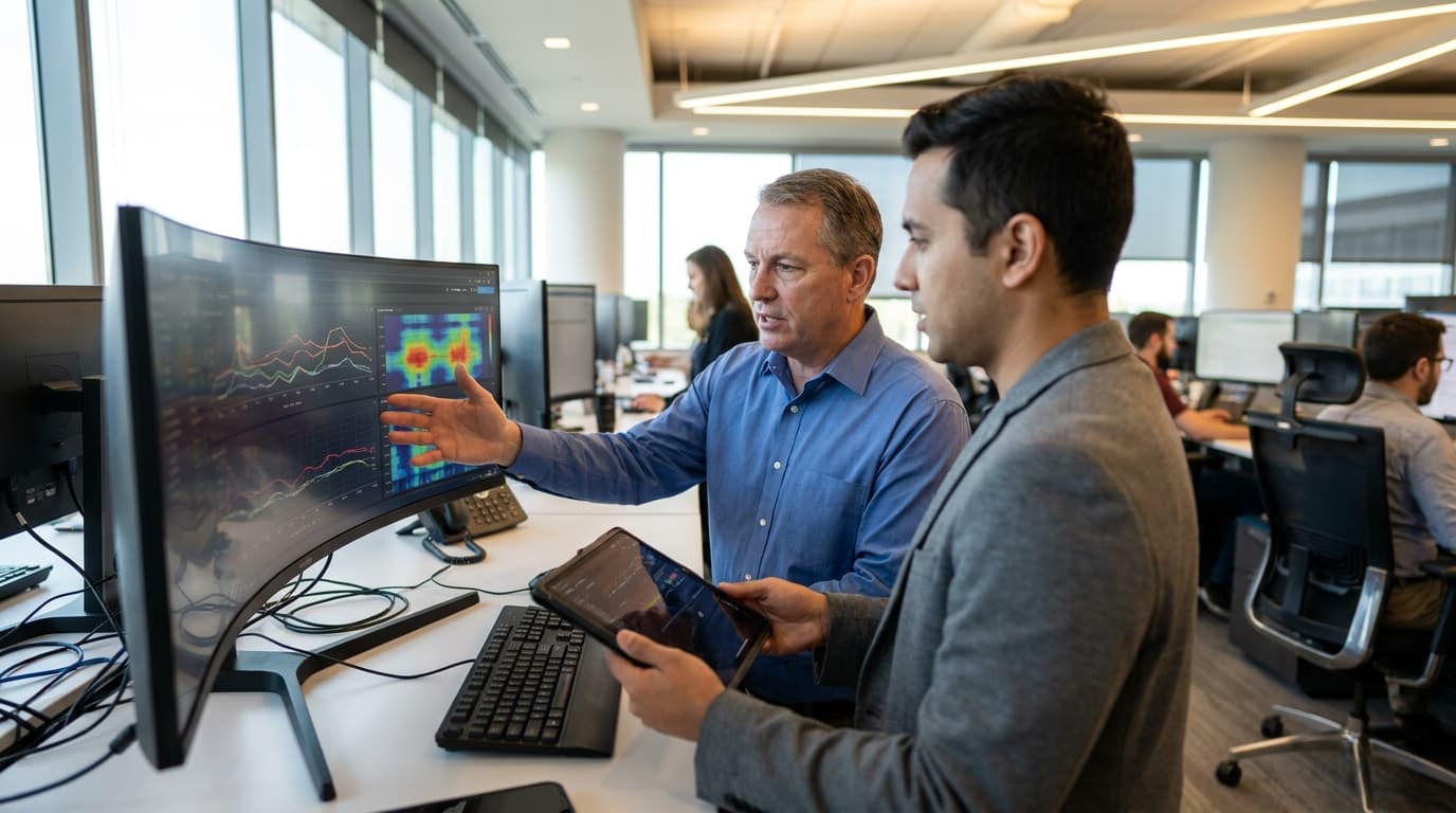 Two security professionals in an operations center analyze data on a large screen, discussing a security alert.