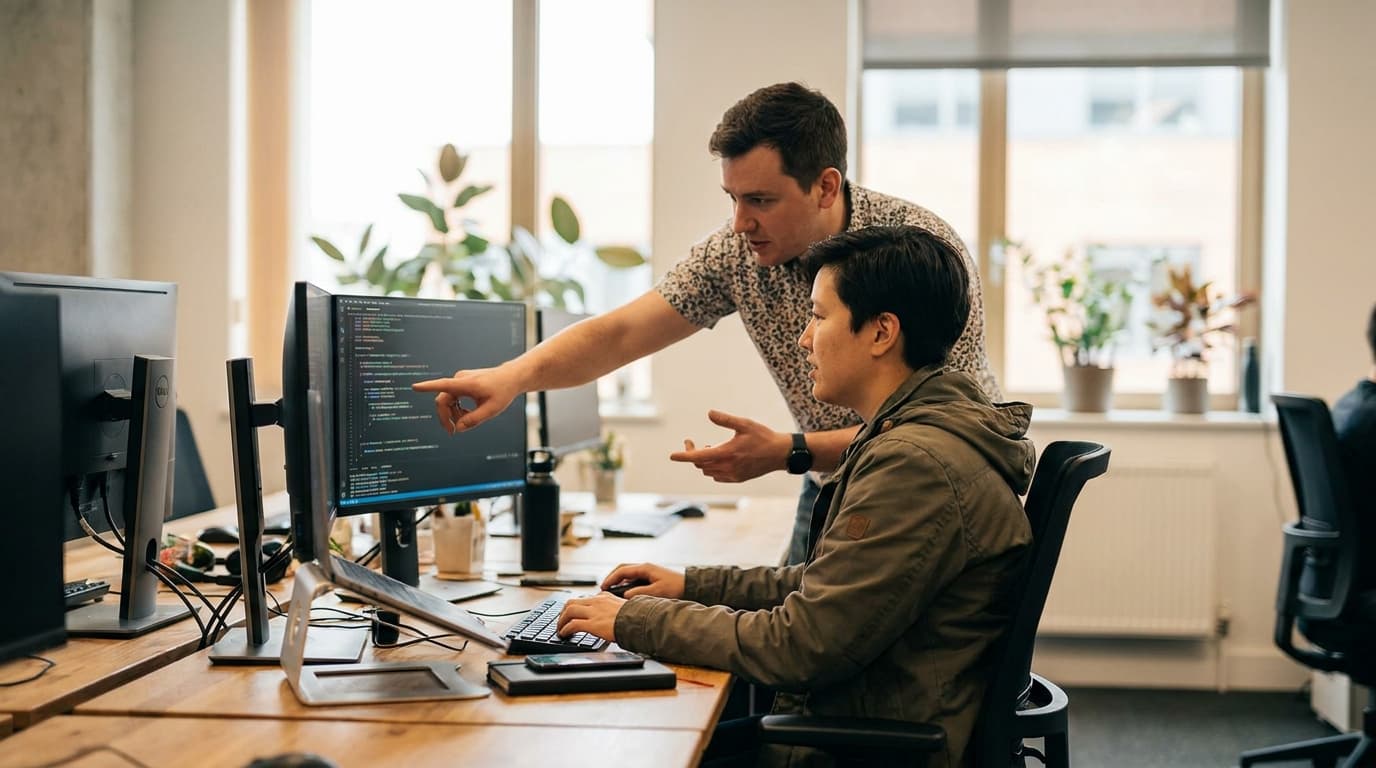 Two security engineers in an office environment collaborating over a piece of code displayed on a computer monitor.
