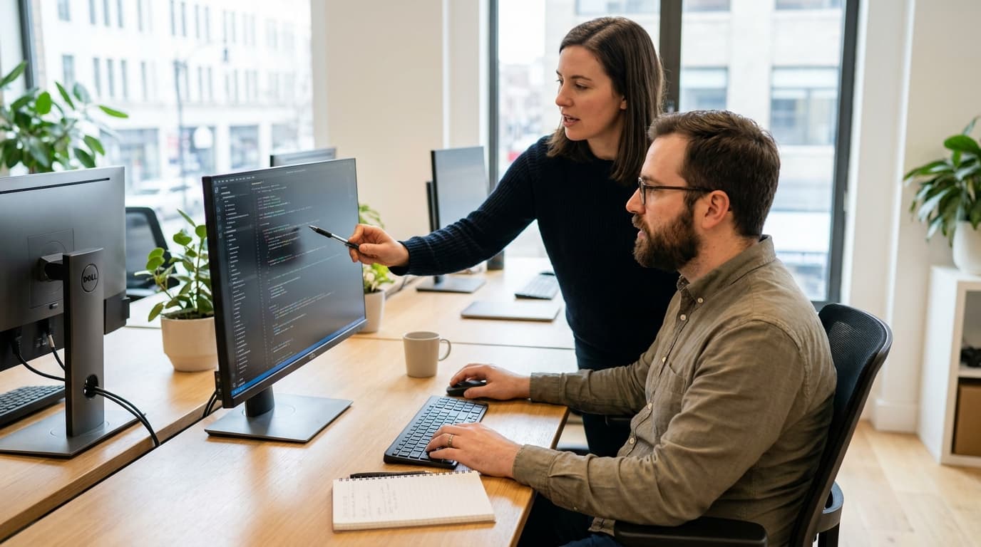 Two security engineers in an office environment collaborating over a piece of code displayed on a computer monitor.