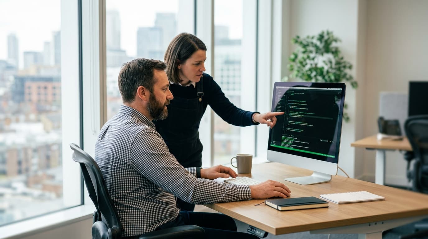 Two security engineers in an office environment collaborating over a piece of code displayed on a computer monitor.