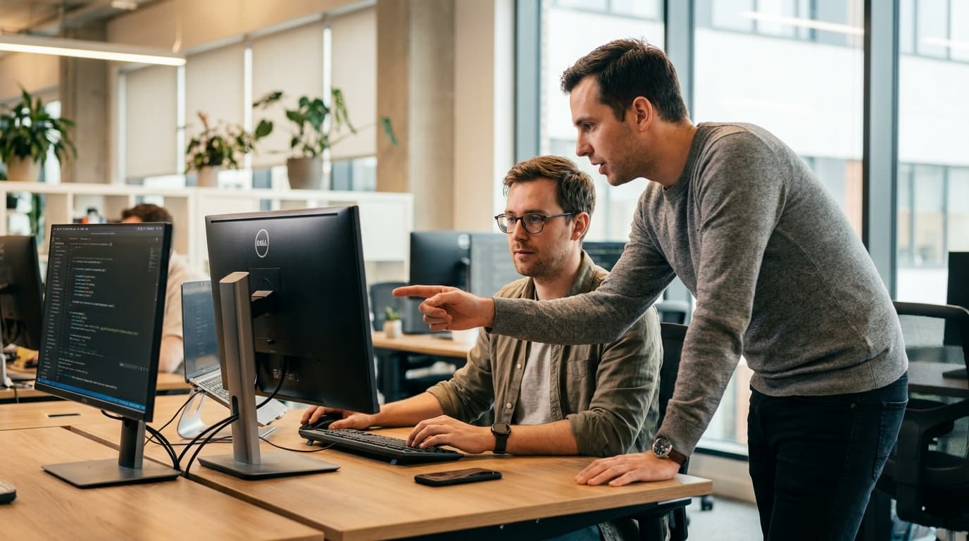 Two security engineers in an office environment collaborating over a piece of code displayed on a computer monitor.