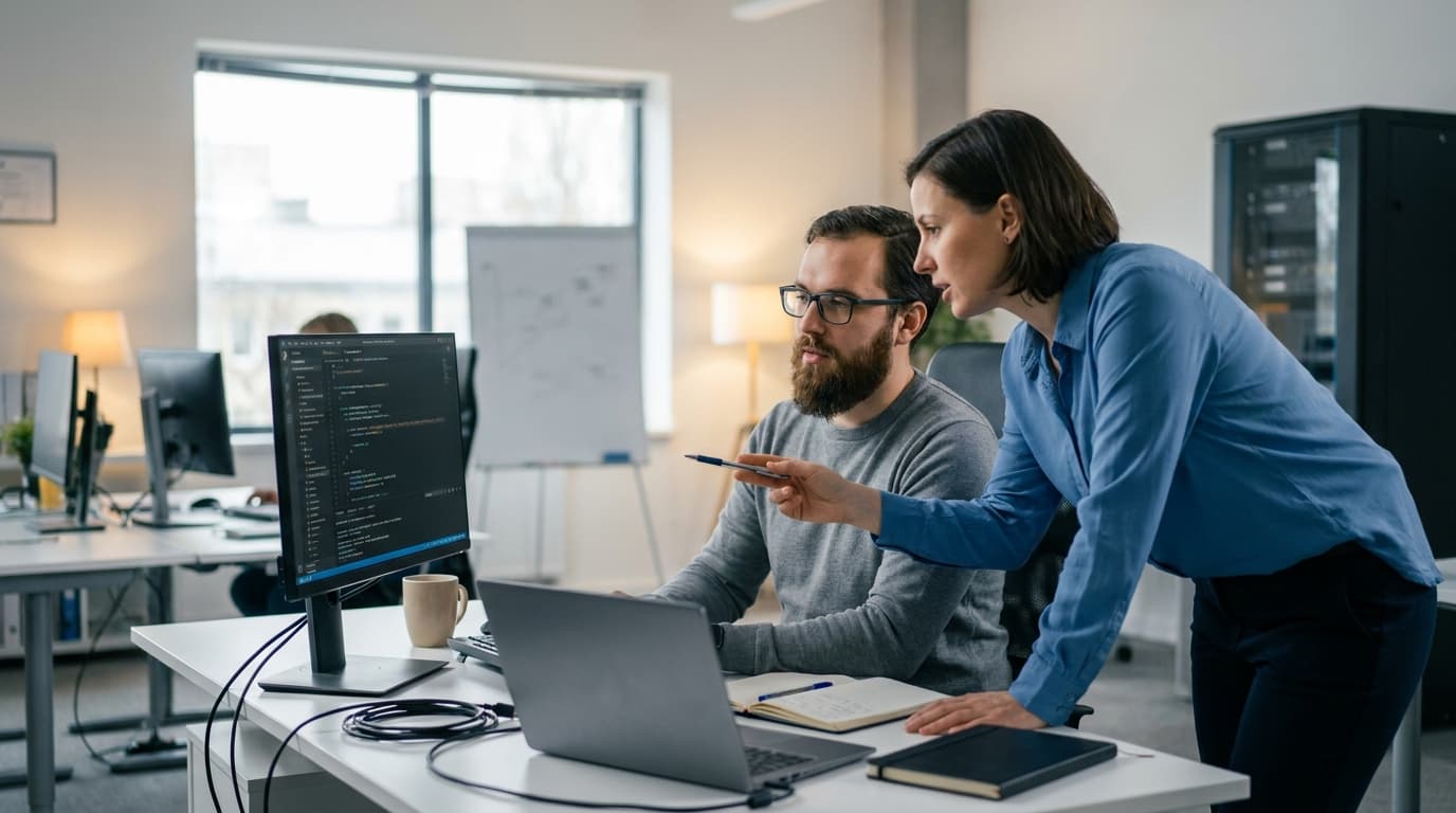 Two security engineers in an office environment collaborating over a piece of code displayed on a computer monitor.