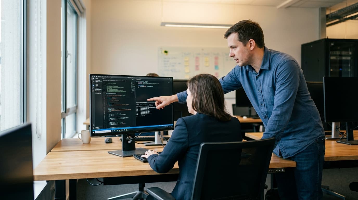 Two security engineers in an office environment collaborating over a piece of code displayed on a computer monitor.